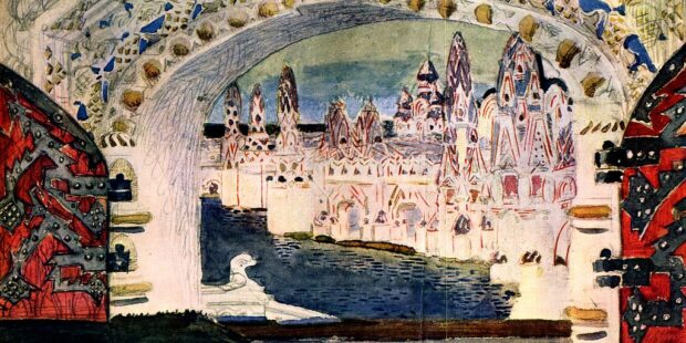 Bühnenbild von 1900 zu Rimski-Korsakows „Das Märchen vom Zaren Saltan“